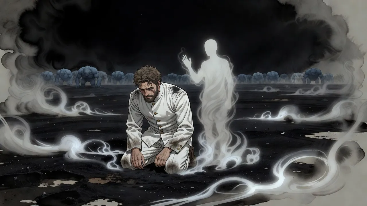 On a plain of black ash at night a bearded man in white kneels with his head bowed while a figure made of mist kneels beside him, a vast host of brutes behind.