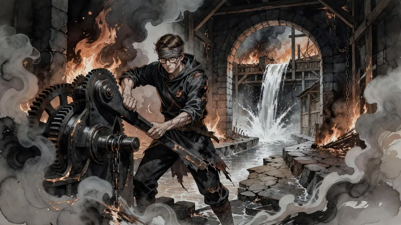 Inside a burning stone building a tall young man throws his weight against a huge iron lever as water bursts out into a dry canal beyond.