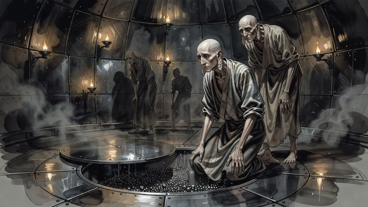 In a lamplit, metal-walled hall a tall bald man kneels at the edge of a pit full of dark silvery beads while a very old, stooped figure with sagging skin stands over him.