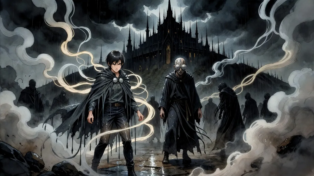 In a rain-lashed courtyard of a black, spired palace, a soaked young woman rises as streams of white mist pour into her and robed figures stagger back.