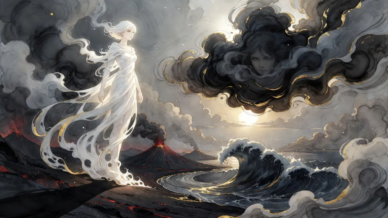 High above a dark, ash-covered world, a vast glowing figure of white mist faces a churning cloud of black smoke as volcanoes glow and a tidal wave rolls in.