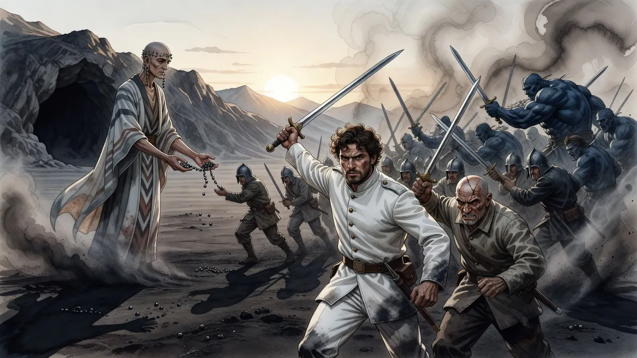 At sunrise outside a mountain’s cave mouths a bearded man in white leads a thin line of soldiers into a sea of huge brutes while a tall bald man hands out silvery beads.