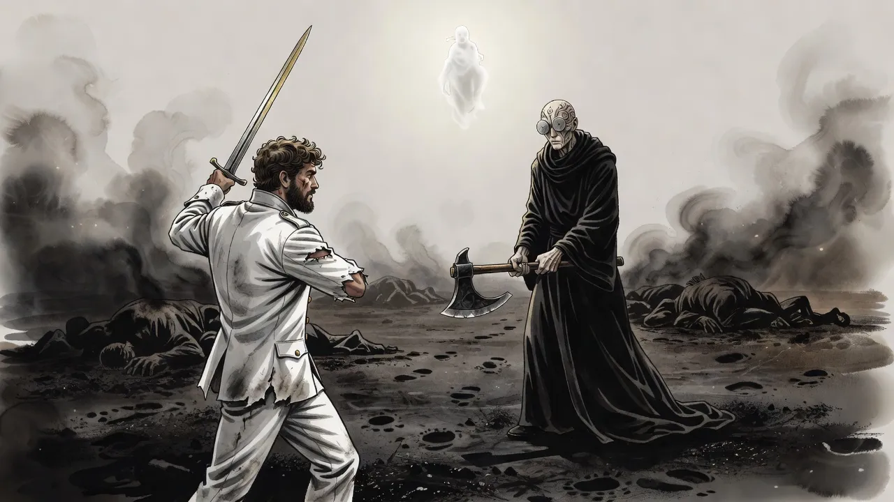 On a battlefield of trampled ash a bearded man in a torn white uniform faces a tall robed figure with an axe, a small glowing figure of mist watching from the sky.