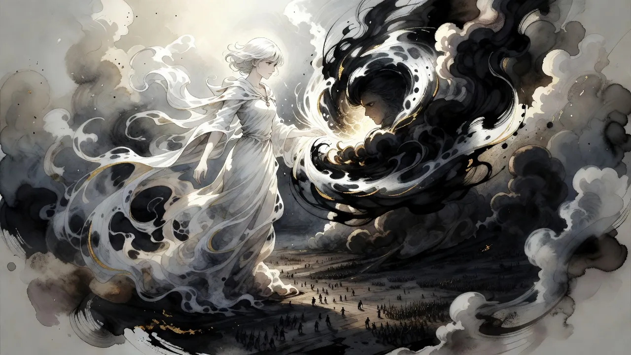 Over a battlefield of black ash a towering shape of white mist crashes into a cloud of black smoke, the two tearing into each other in a spiralling storm.