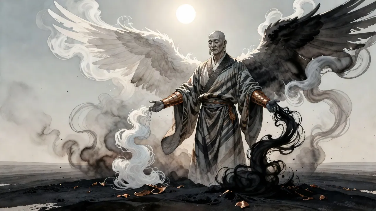 Under a blazing white sun a tall bald man with copper bands on his forearms raises his arms as streams of white mist and black smoke pour into him, wings of white and black spreading behind.