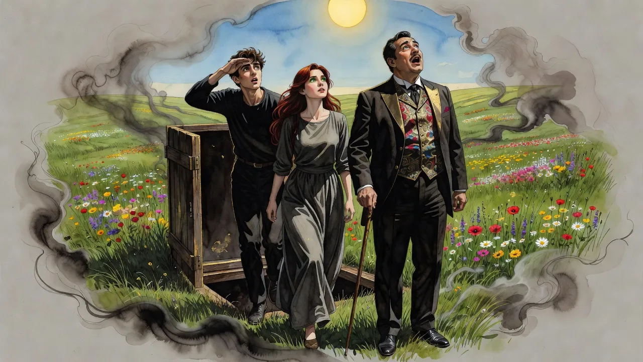 In a green meadow under a blue sky a tall young man climbs out of an open wooden trapdoor shading his eyes, an auburn-haired woman behind him and a portly man with a cane staring at the sky.