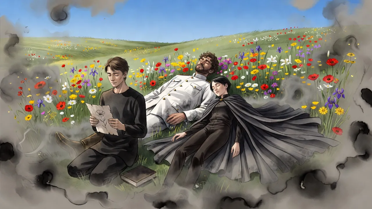 In a field of bright wildflowers under a blue sky, a man and a woman lie side by side as if asleep while a young man kneels nearby holding a small drawing of a flower.