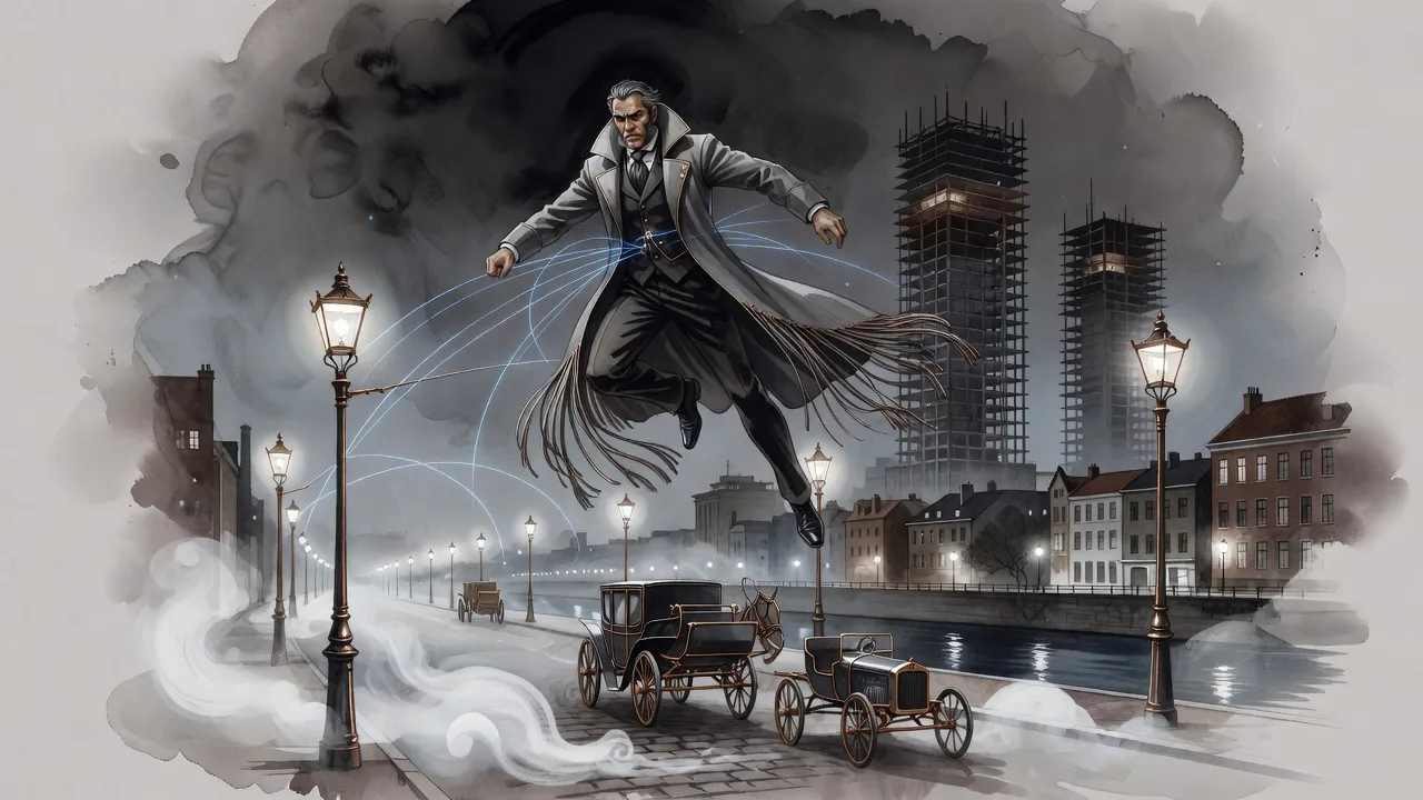 A man in a long tasselled coat flies through night mist above a canal-side boulevard lit by two rows of electric lamps, unfinished steel skyscraper frames behind.