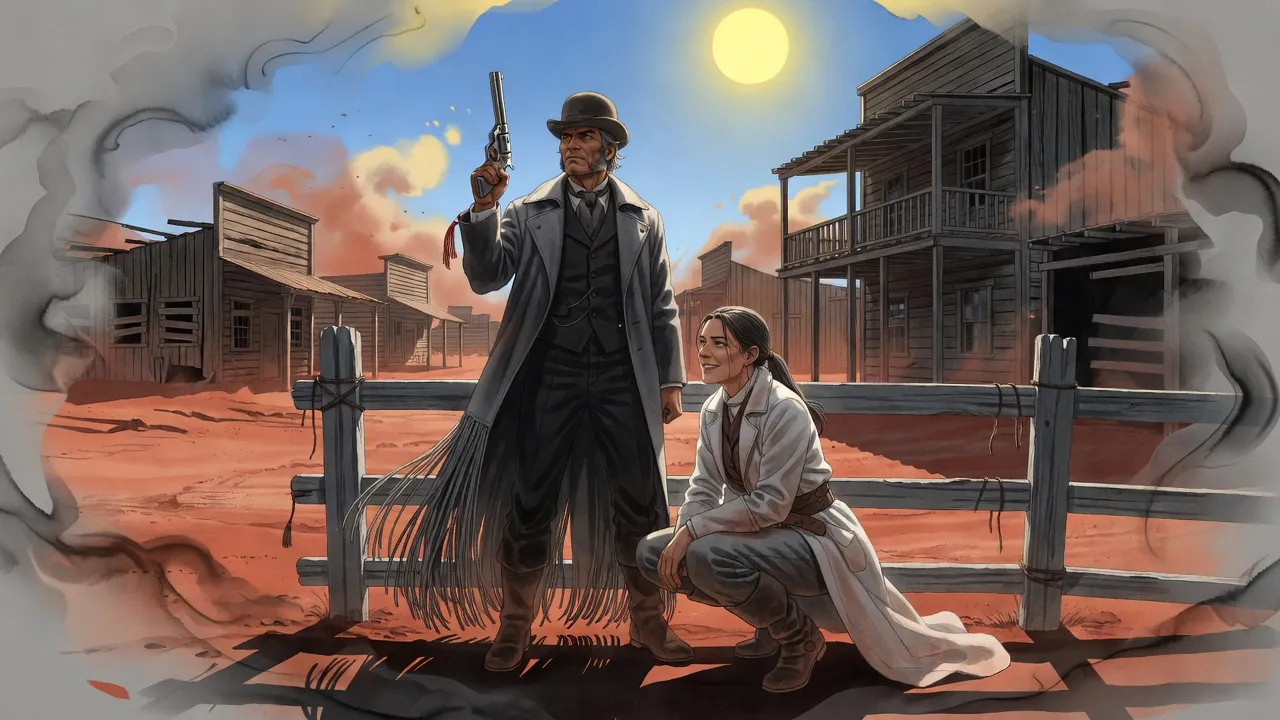 A man in a bowler hat and long coat crouches with a revolver behind a weathered fence beside a woman in a white duster, in a sunbaked ghost town.
