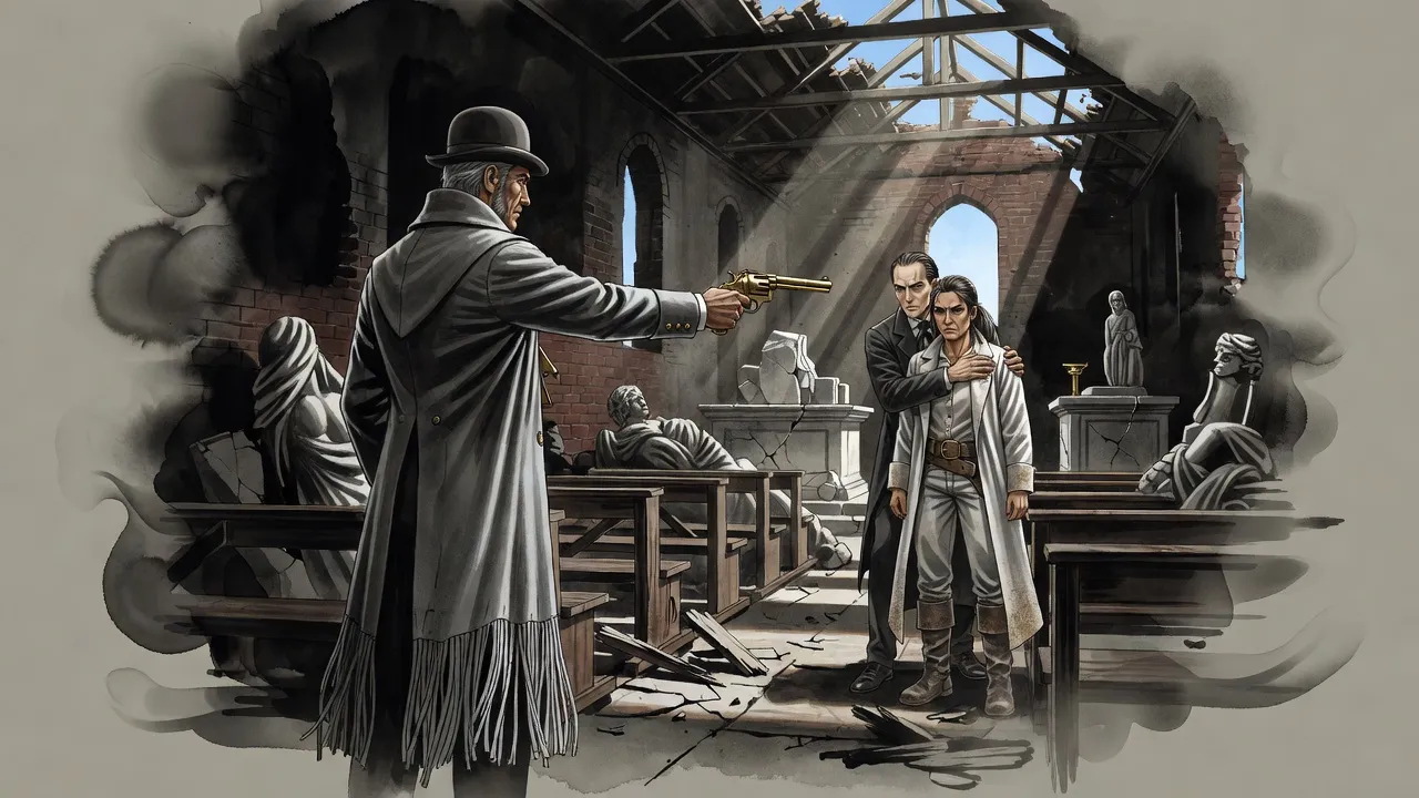 Seen from behind a man with a raised revolver, a slender man holds a woman in a white duster in front of him at the far end of a ruined, roofless brick chapel.