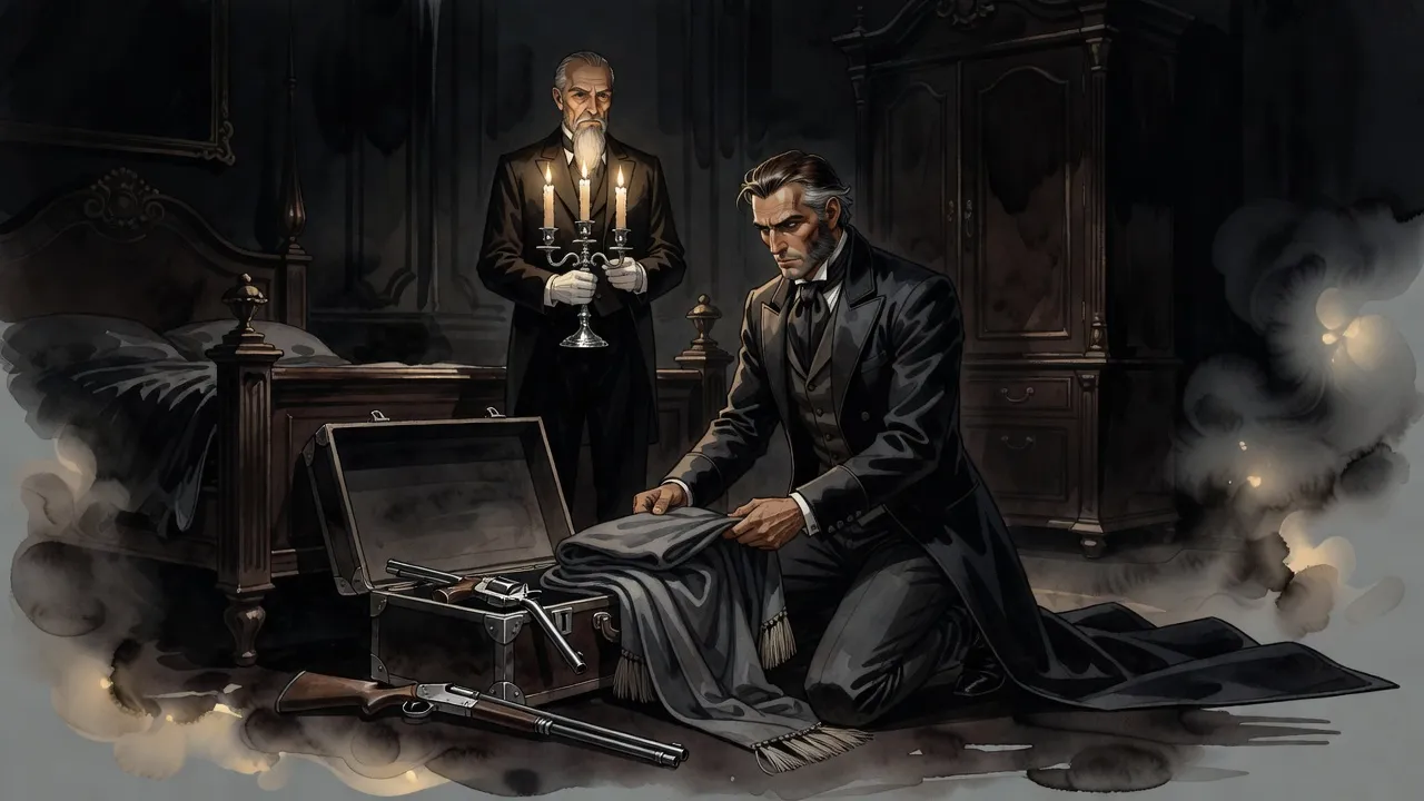 An older butler holding a candelabrum watches a man lay a folded long coat and two revolvers into an open trunk in a dark room.