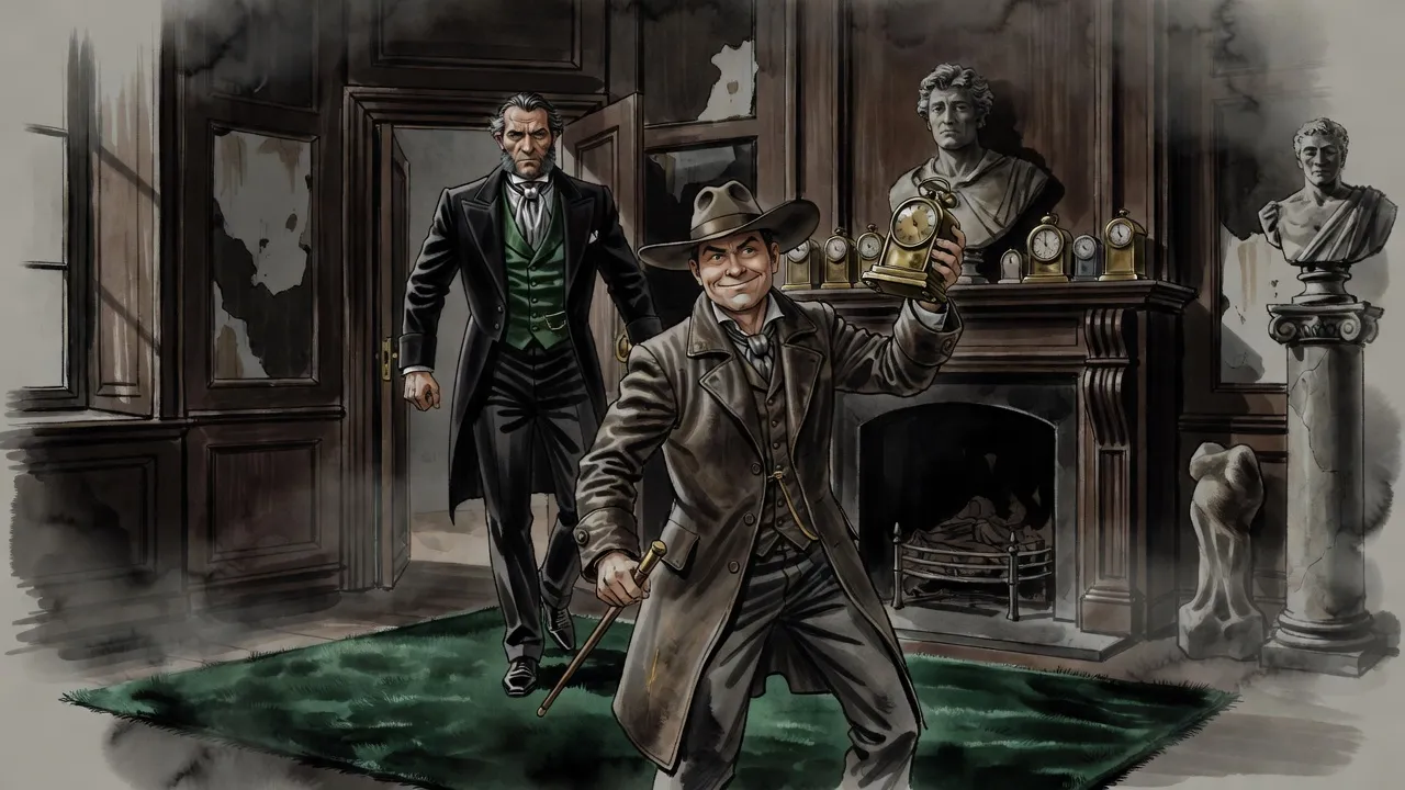 A wiry man in a wide-brimmed hat and leather duster holds up a small mantel clock as a gentleman in a vest and cravat comes into a dark-panelled sitting room.