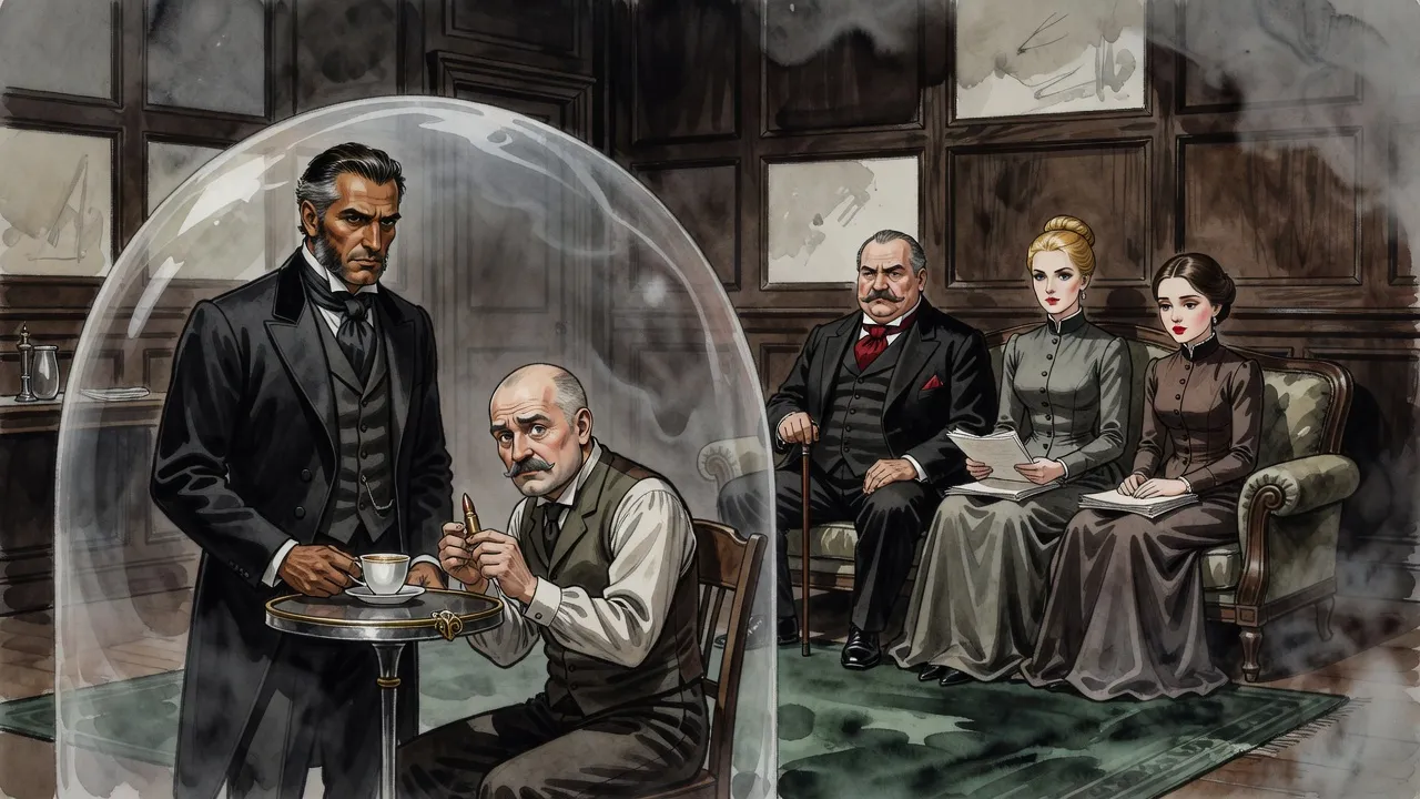 Two men talk inside a faint shimmering dome while three guests on a couch beyond it sit frozen like statues.