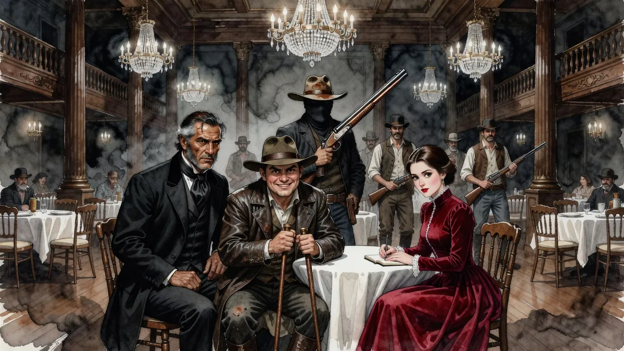 A masked man in a wide-brimmed hat stands among dinner tables in a chandelier-lit ballroom while a seated young woman writes in a notebook on her lap.