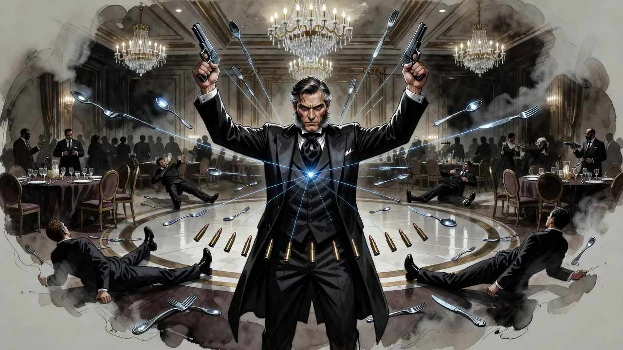 A man in evening dress stands at the centre of a ballroom, pistols raised overhead, as dinner tables and chairs slide away from him in a ring and bullets hang in the air.