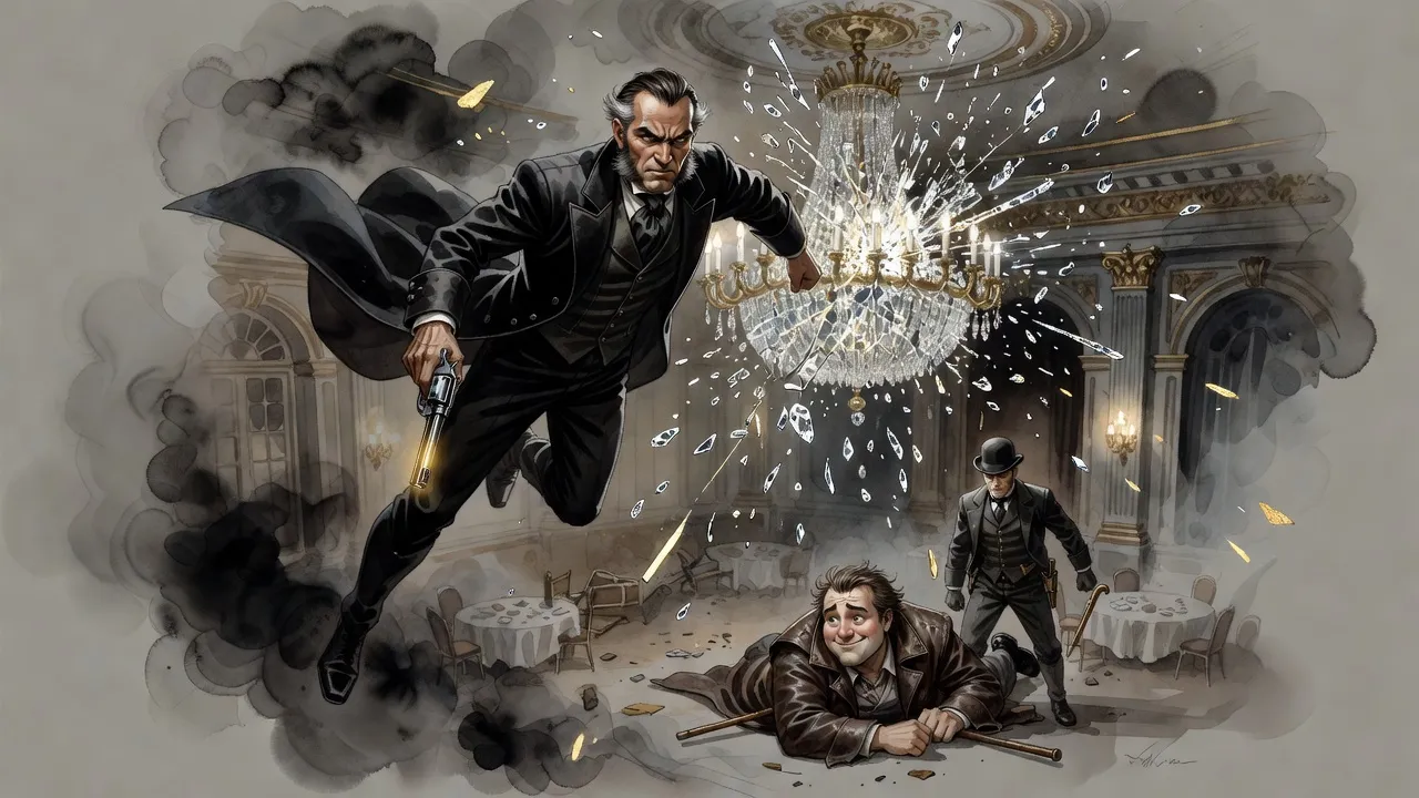 A man in evening dress flies across a ballroom as a huge chandelier bursts apart into falling crystal, aiming a revolver down toward the floor.