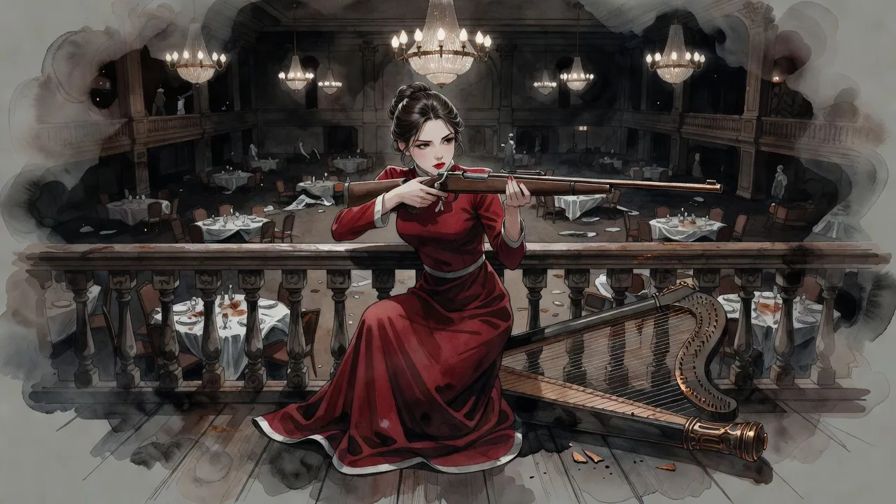 A young woman in an evening gown kneels at a balcony rail beside a broken harp, sighting down a rifle into the ballroom below.