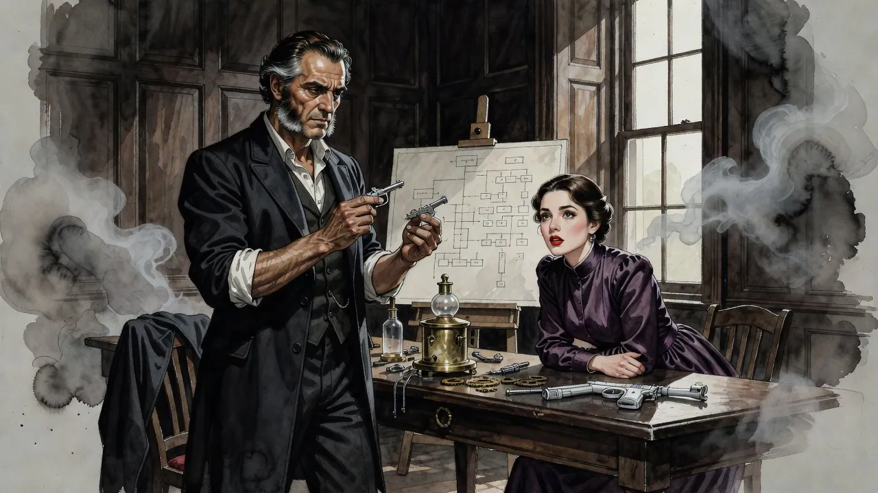 A tired man in rolled shirtsleeves and a young woman in a high-collared dress talk across a workbench crowded with glassware and the parts of a pistol.