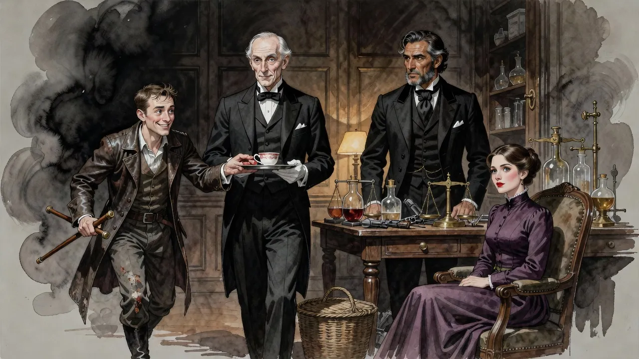 A long-faced butler in white gloves holds out a tray with a single teacup as a grinning man in a duster reaches to snatch it.