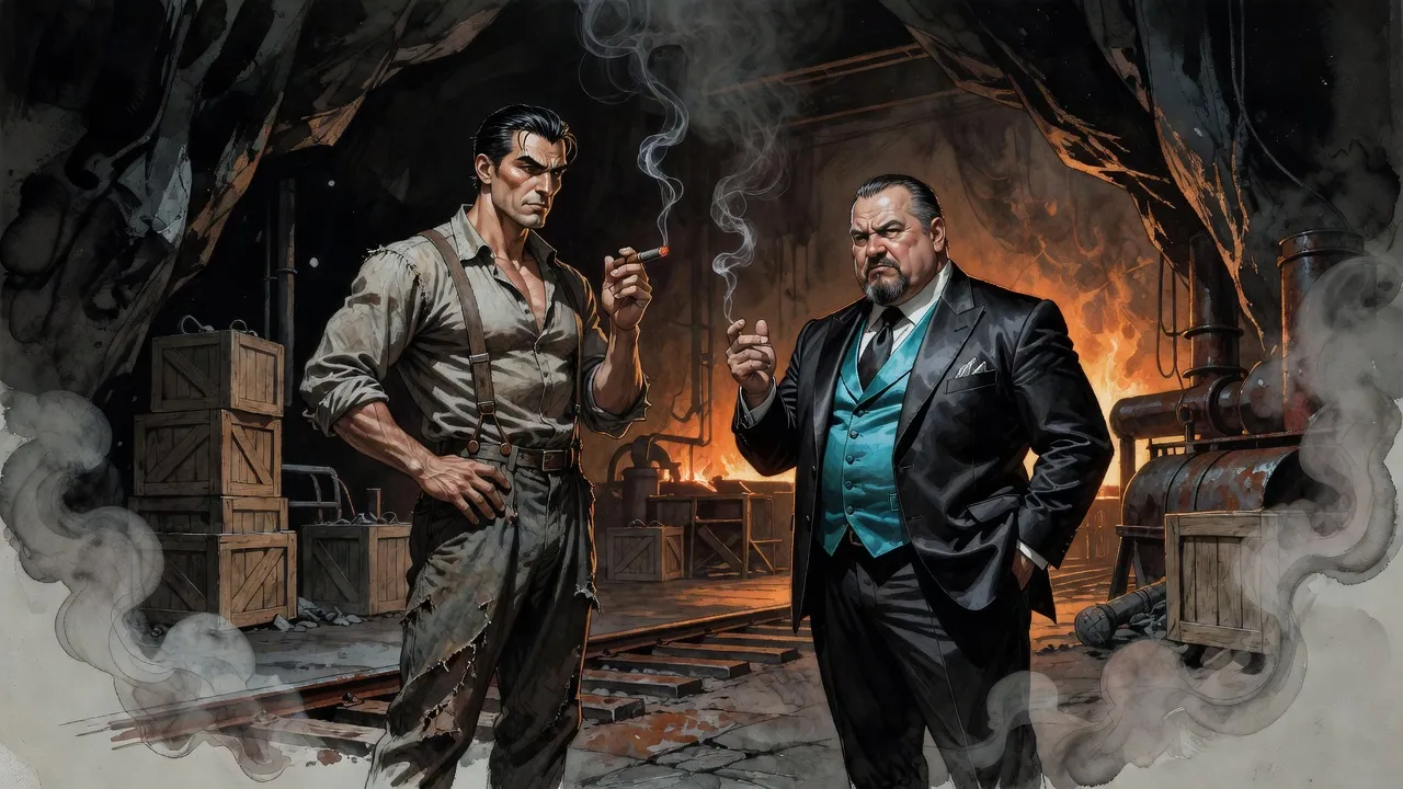 A man in shirtsleeves and suspenders holding a cigar faces a stout gentleman in a black silk suit and turquoise vest in a dim underground foundry.