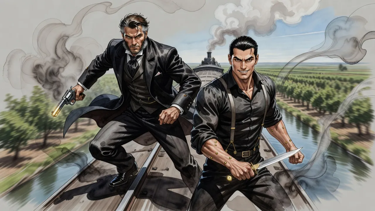 Two men face each other on the roof of a speeding railway carriage, one in a flapping suit coat, the other in shirtsleeves with a long knife.
