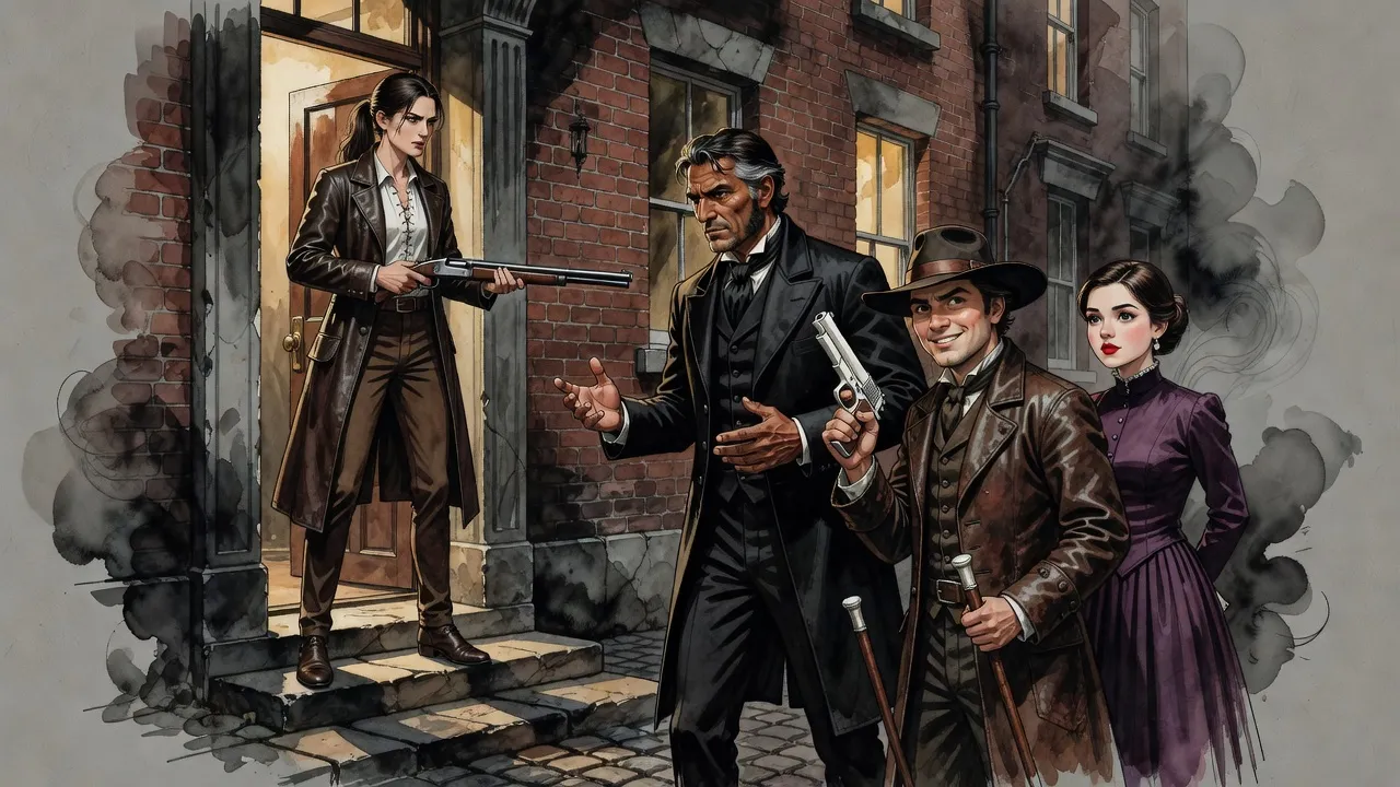 A tall woman in a long leather coat points a shotgun at a man on her doorstep while a grinning companion holds up a pale pistol and a young woman waits behind.