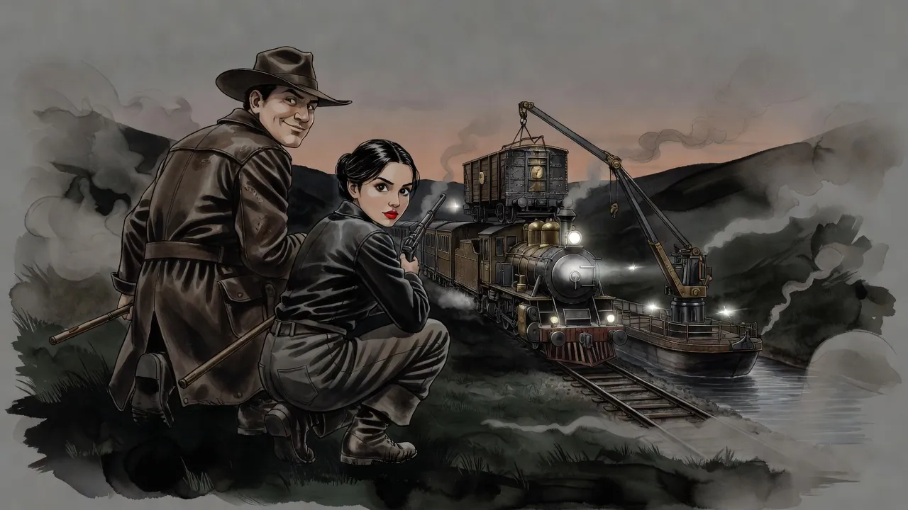 Two figures on a dark hillside look down on a railway beside a canal, where a barge crane lifts a freight car off a stopped train near a blazing lamp on the tracks.