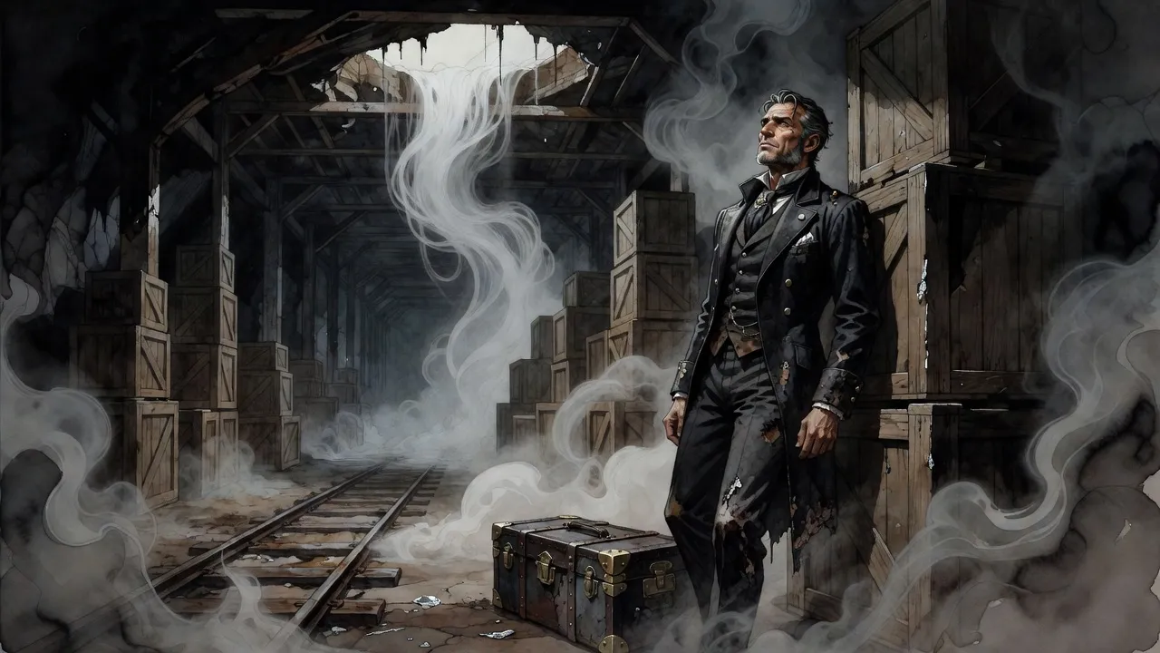 An injured man lies among stacked crates as white mist spills down through a broken roof, an old travelling trunk resting in front of him.