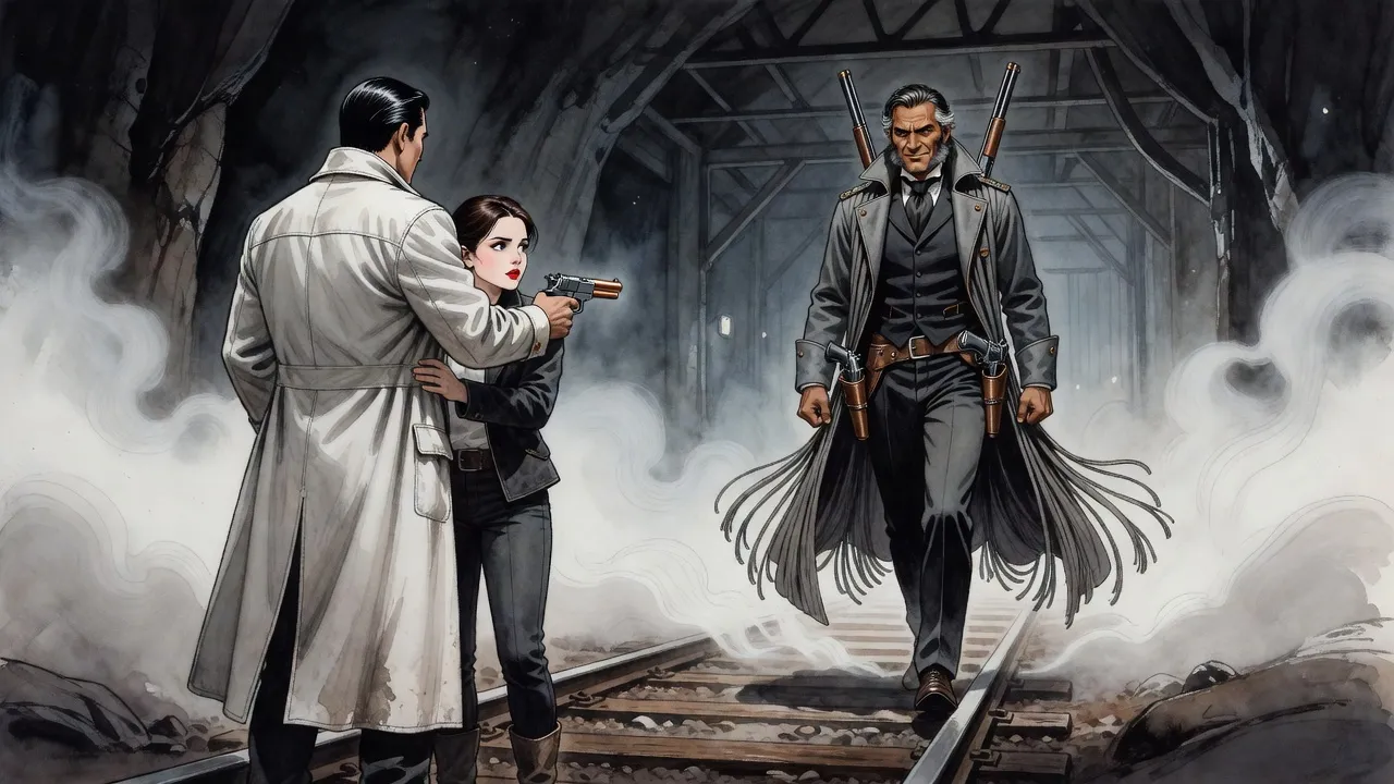 A man in a long tasselled coat walks out of thick mist with a shotgun resting on each shoulder toward a man holding a young woman at gunpoint.