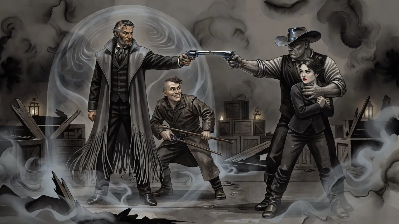 A grey-skinned, thick-necked man in a wide-brimmed hat holds a young woman in front of him, while two men inside a faint shimmering dome face him, one aiming a revolver.