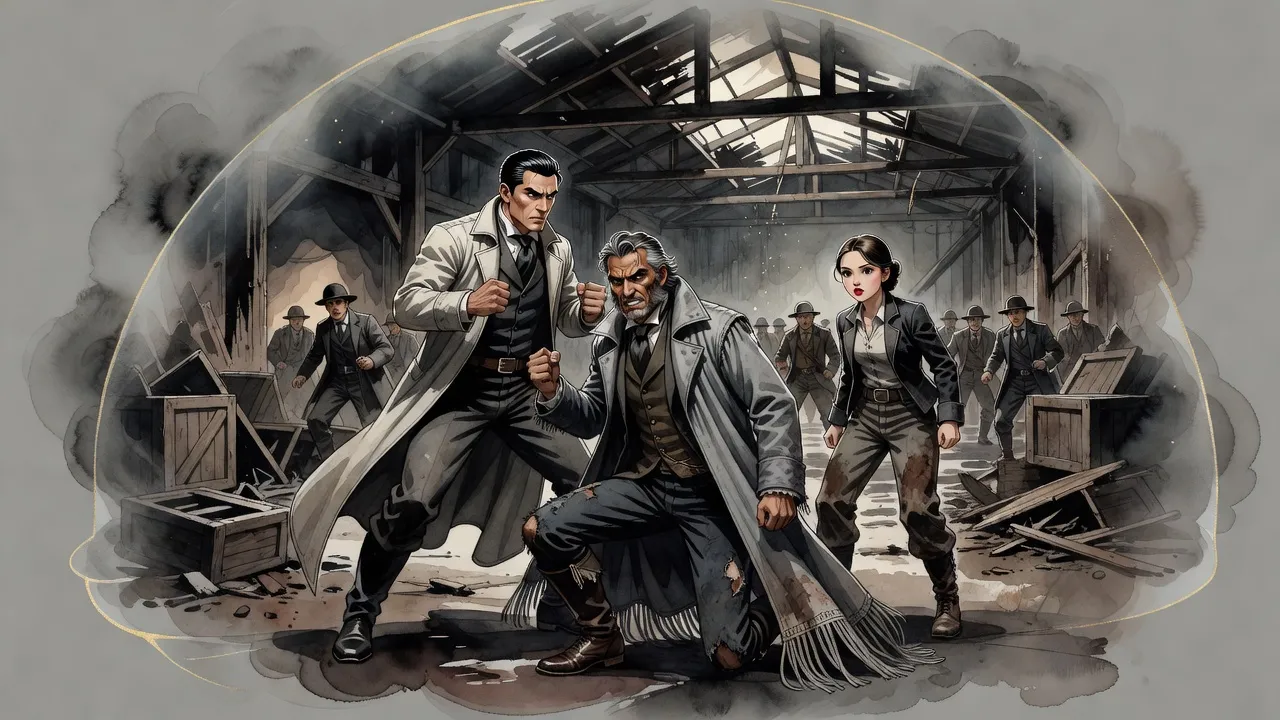 Inside a faint shimmering dome a powerful man raises his fists over a battered man on one knee while a young woman stands watching, and beyond the dome daylight breaks.