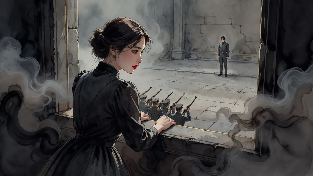 A young woman watches from a high window as, far below in a stone courtyard, a line of riflemen faces a lone man standing against a wall.