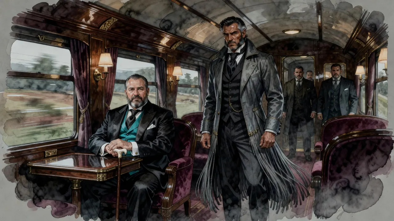 A man in a long tasselled coat stands facing a seated, well-dressed older man with an ivory-handled cane in a lavish railway carriage, guards at the door.