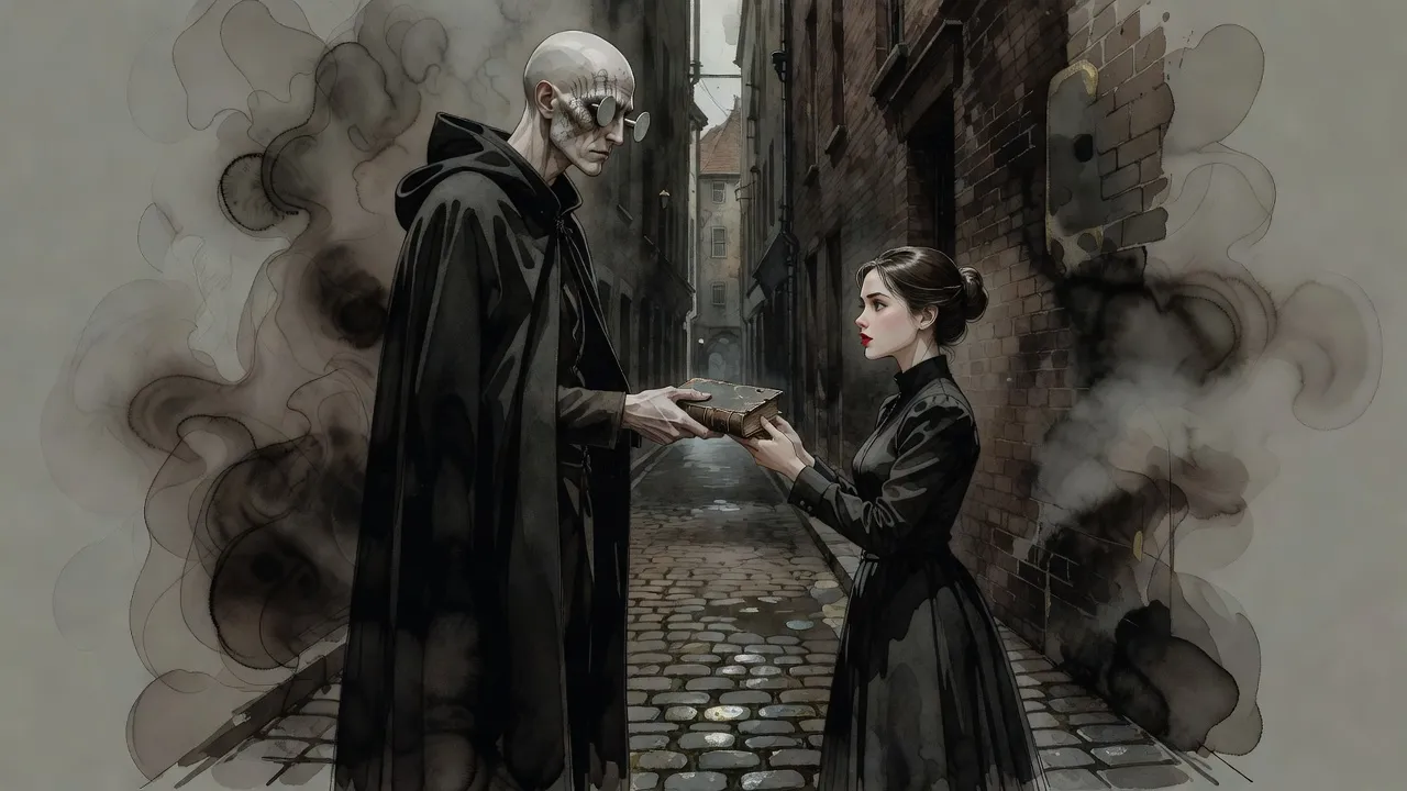In a narrow alley a very tall, gaunt man in a dark cloak, a steel disc set in each eye socket, hands a small book to a young woman in a high-collared dress.