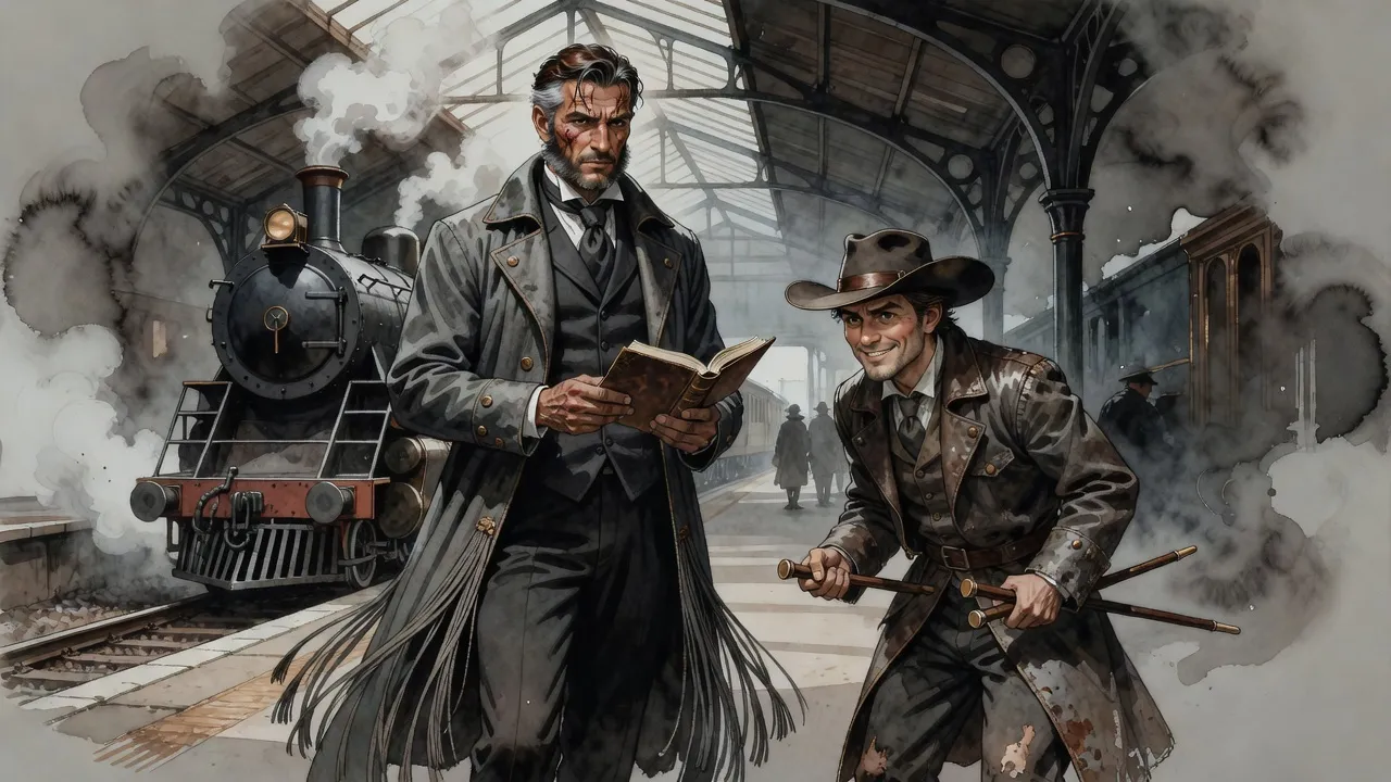 Two men stand together on a railway platform beside a steam engine, one showing the other a small leather book.