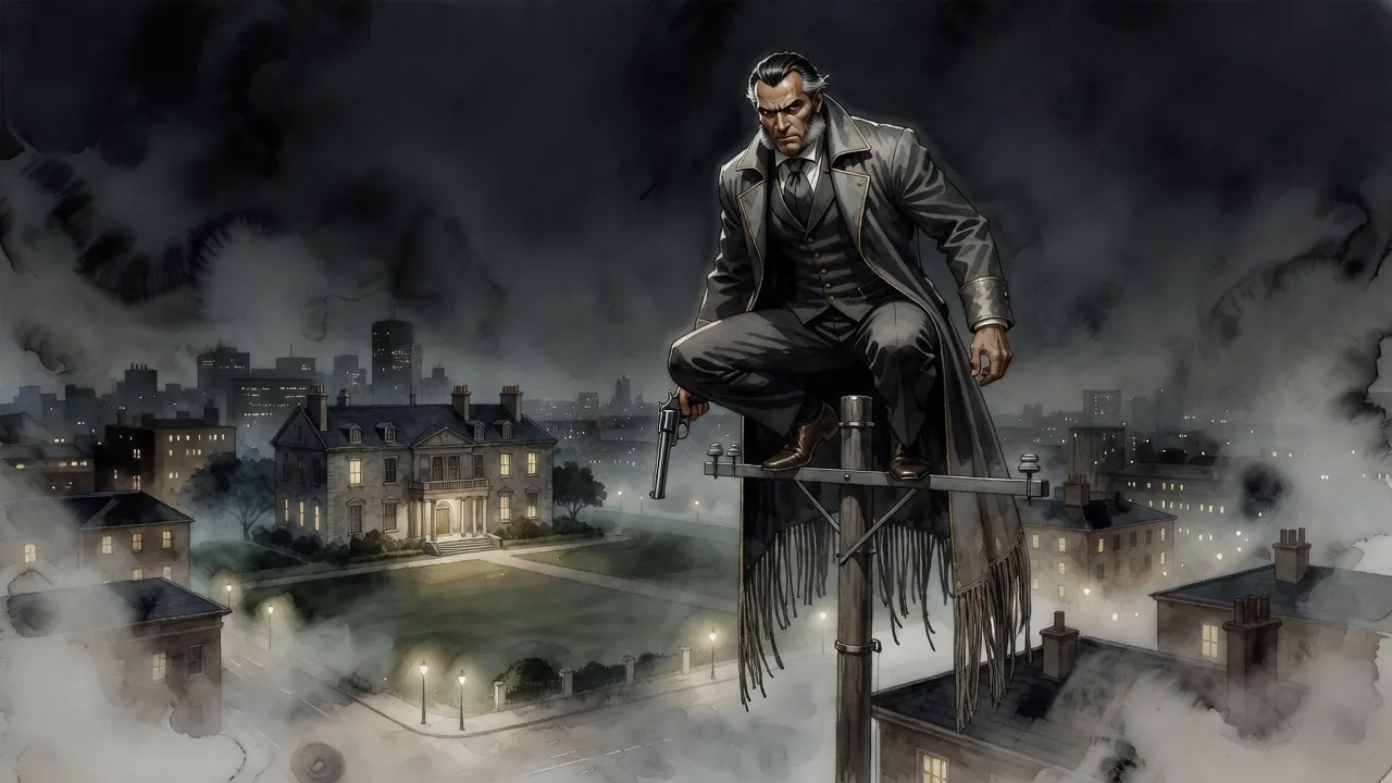 A man in a long tasselled coat crouches on top of an electrical pole above a lamplit mansion at night, mist filling the streets below.