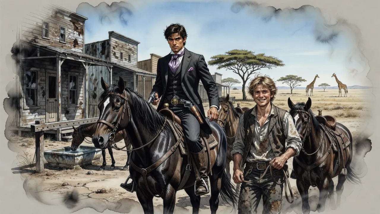 A young man in a city suit and a teenager in dusty clothes dismount before a frontier saloon, with acacias and giraffes on the plain behind.