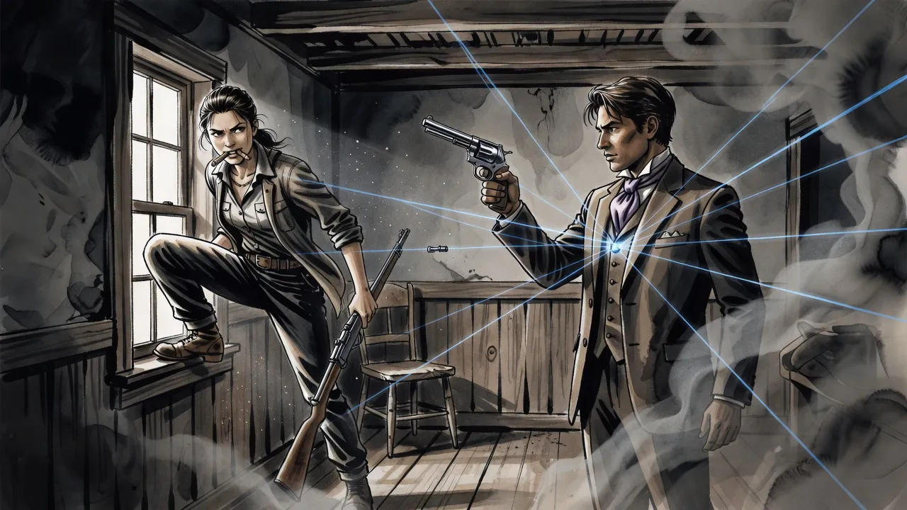 A young woman with a rifle and a cigar climbs in through a window while a young man levels a revolver at her, blue lines running from his chest.