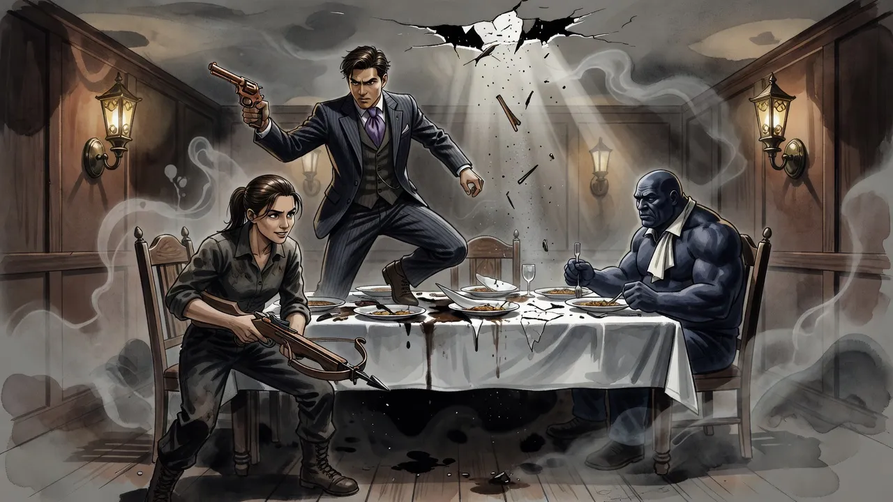A young man and a young woman rise from a wrecked dinner table under a hole in the ceiling while a huge blue-grey-skinned man stares at them.