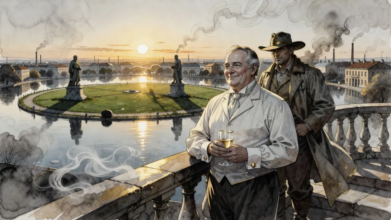 A heavyset nobleman with a glass stands on a high balcony at sunset over canals and a park with two statues, a bodyguard in a frontier hat behind him.