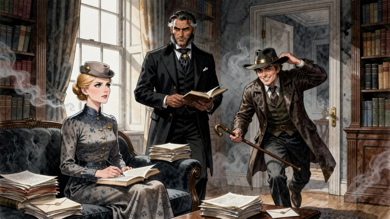 A composed blonde woman sits among stacks of papers as a man by the window turns and a grinning man in a duster tumbles through the door.