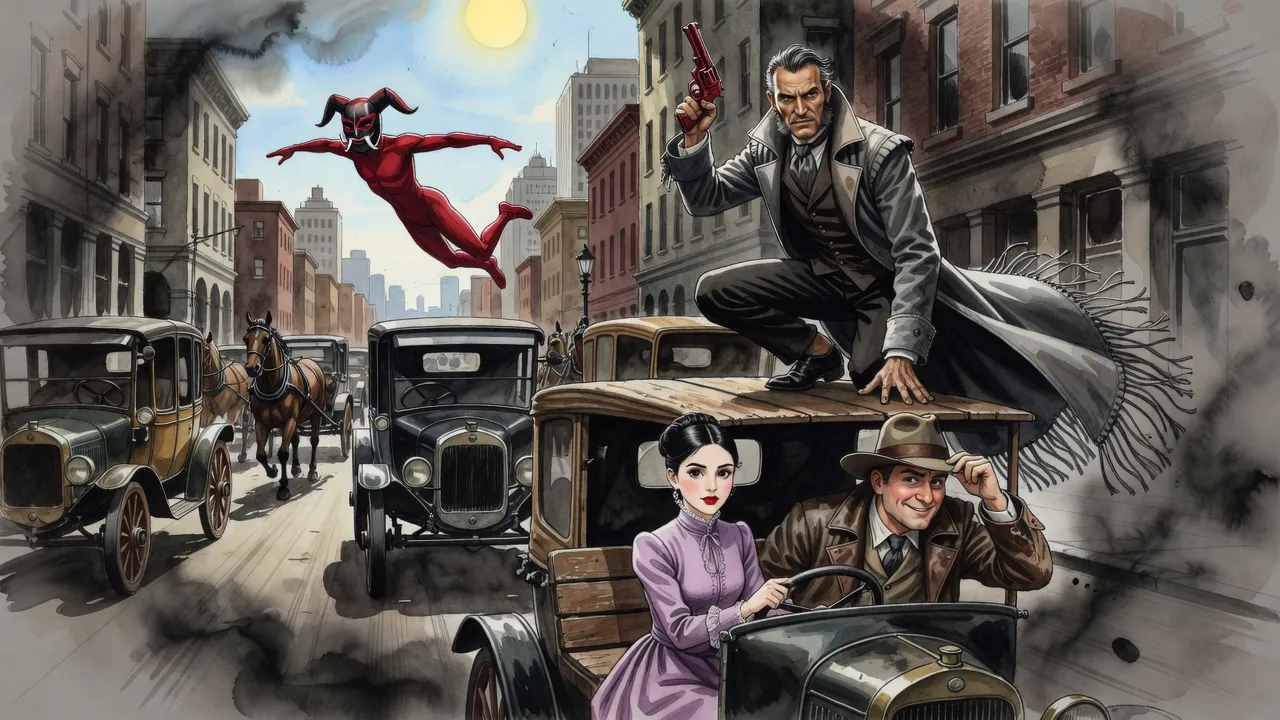A woman in lavender drives a motorcar through traffic while a man crouches on its roof and another leans out of the window, a masked figure in red leaping ahead.