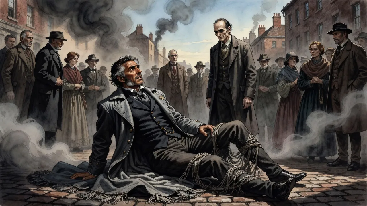 A man in a long coat lies sprawled on cobblestones staring up at a gaunt, skull-faced man standing calmly in a crowd.