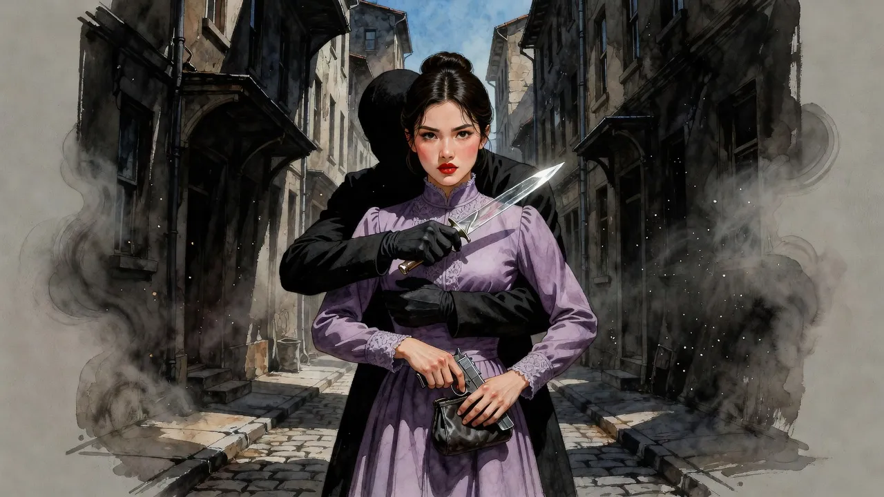 A dark-haired woman in a lavender dress, held from behind with a glass knife near her throat, draws a small pistol from her purse.