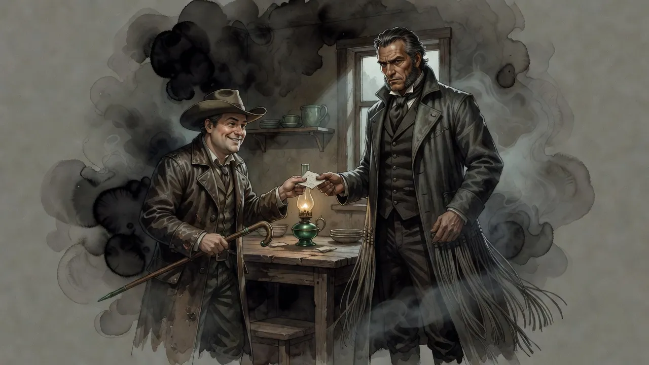 In a cramped, dim kitchen a man in a duster hands a folded slip of paper to a grey-streaked man whose face goes hard.