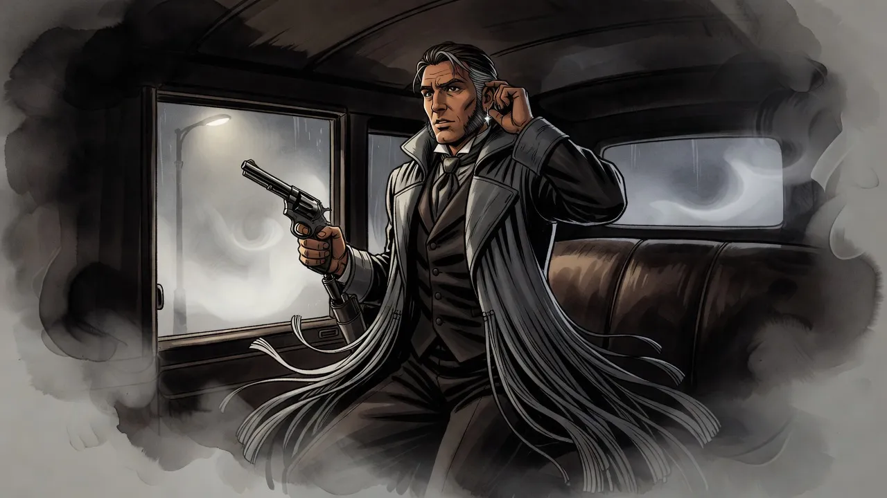 A man alone in a dark carriage starts upright with one hand at his ear and a revolver half drawn, as if hearing a voice.