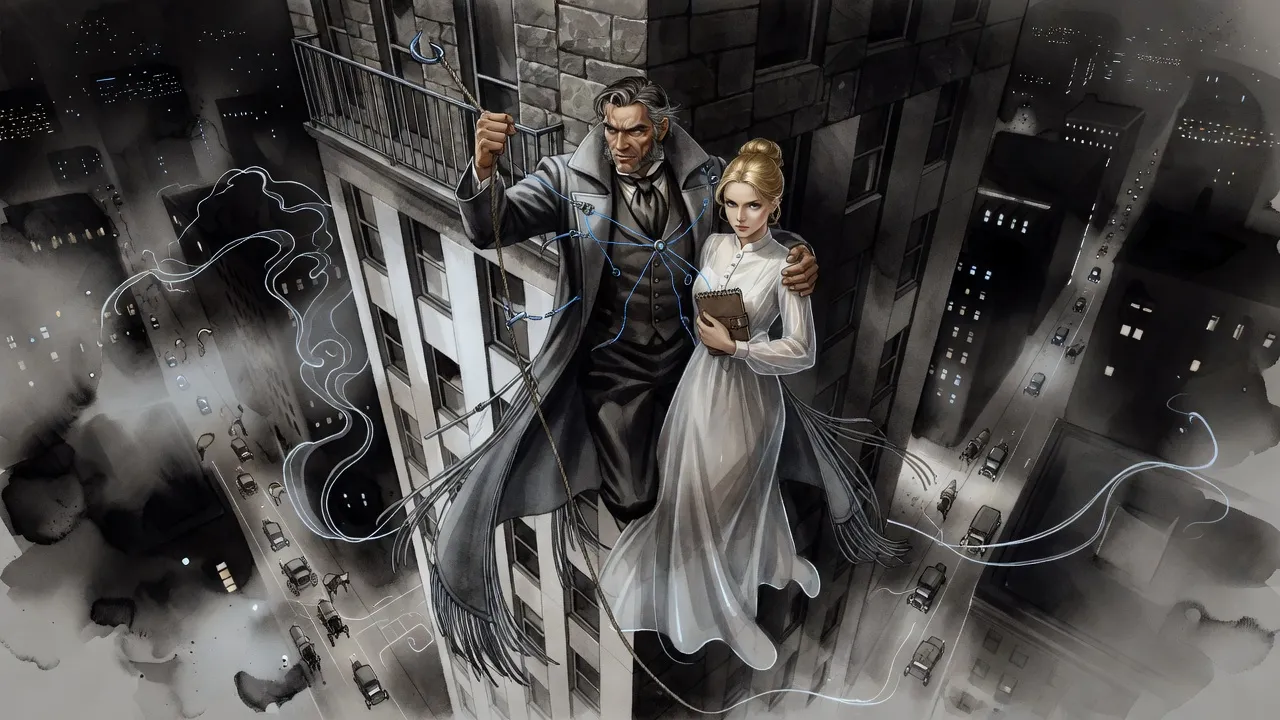 A man in a long coat carries a composed woman in a white gown up the sheer face of a skyscraper on a taut rope, carriages queued far below.