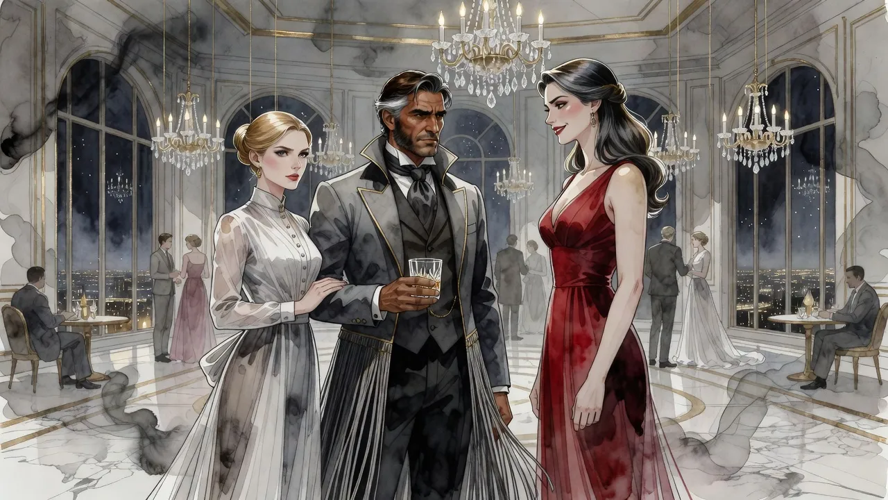 In a chandeliered penthouse ballroom, a man in a long coat stares levelly at a very tall woman in red while a blonde woman in white stands at his elbow.