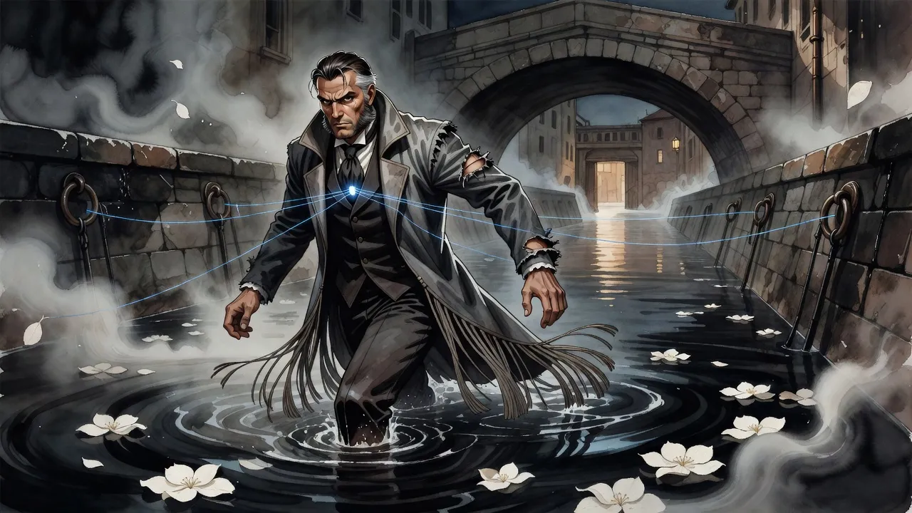 At night a man swims through a misty canal, glowing blue lines running from his chest to iron rings set in the stone wall.