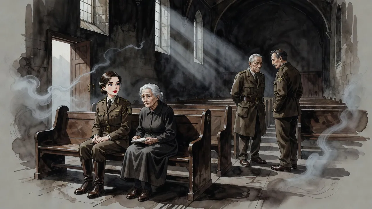 In a grey dawn church, a dark-haired constable sits on a pew beside an elderly woman, listening, while two officers talk further down the nave.